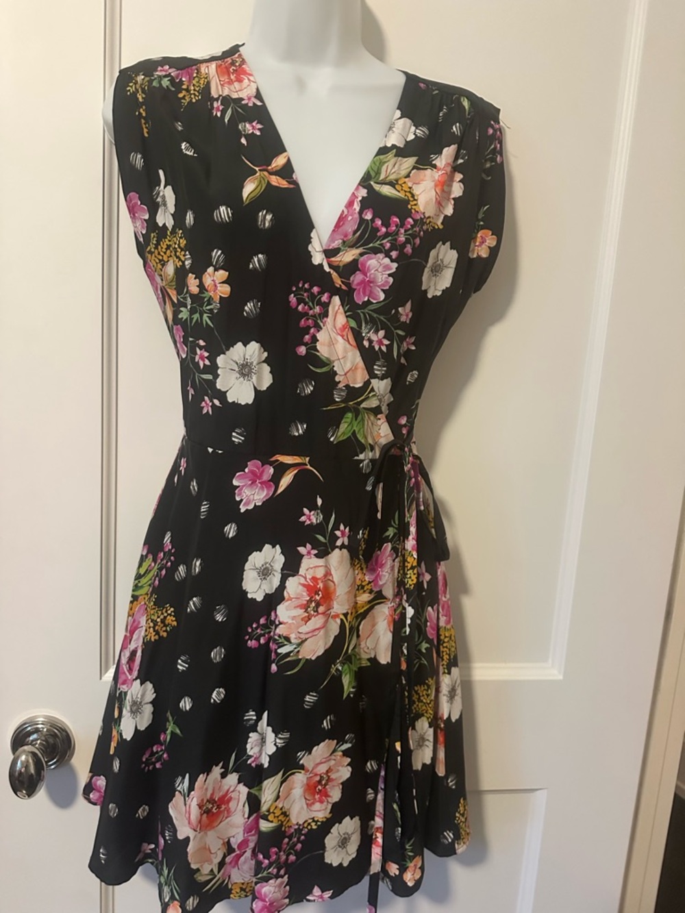 Yumi Kim Black Floral Wrap Mini Dress with Pink & White Blooms
